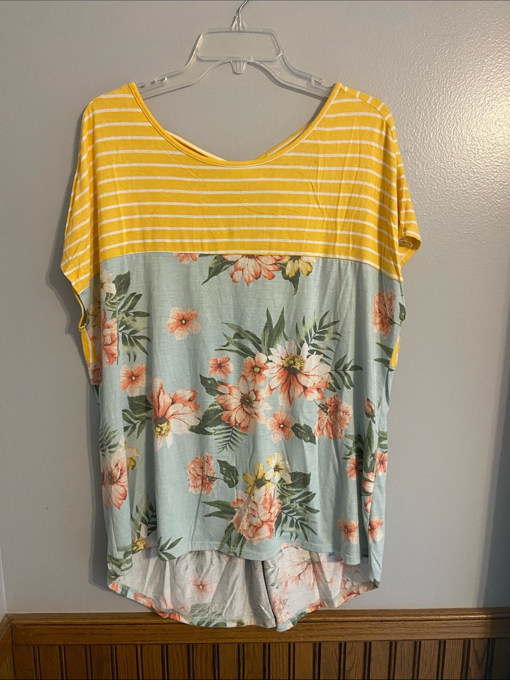 white birch Yellow Striped & Light Blue Floral Short Sleeve Top